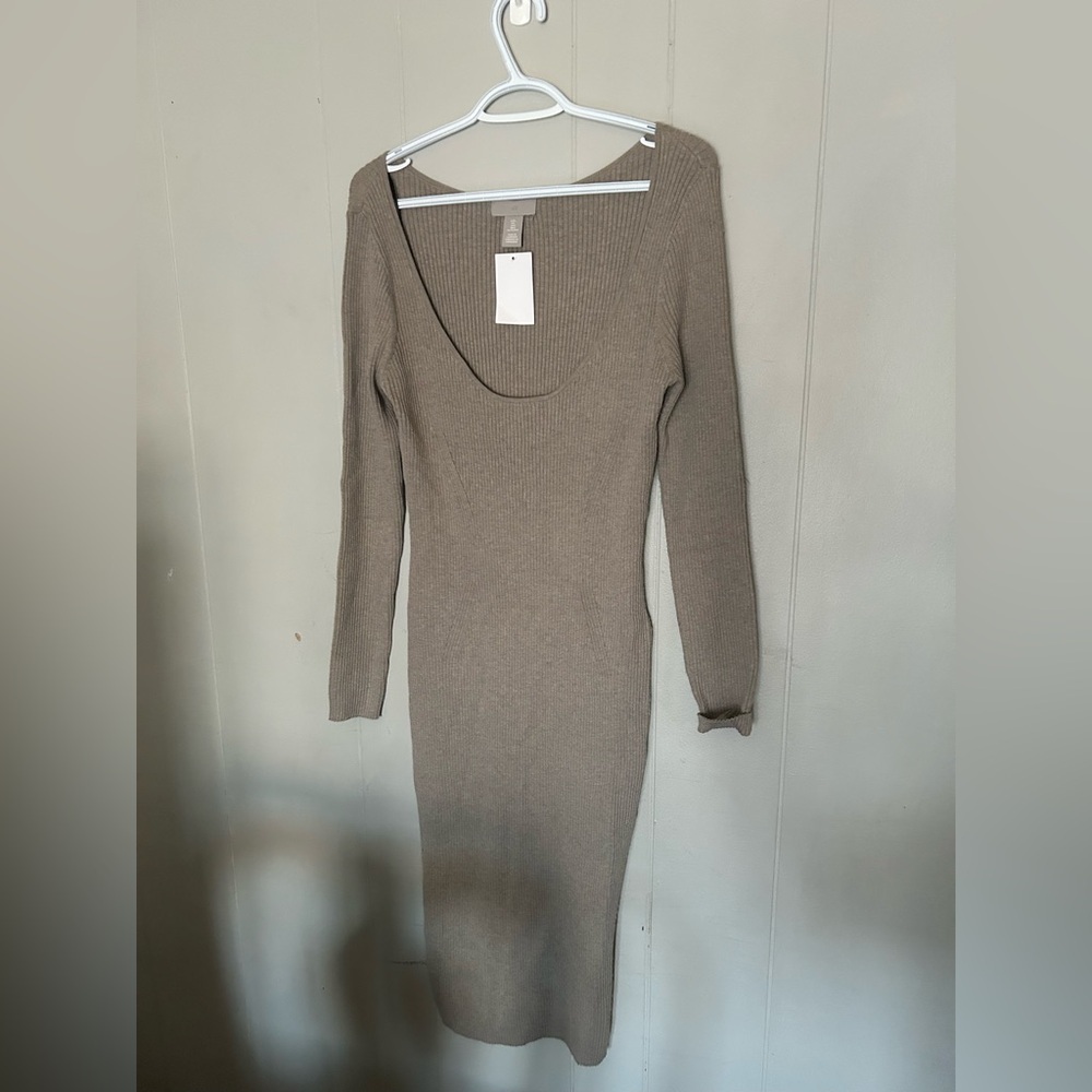 H&M Ribbed Knit Bodycon Midi Dress Long Sleeve Scoop Neck Neutral